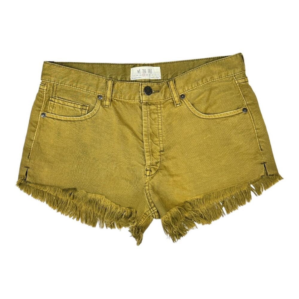 Free People Green Distressed Denim Shorts 27 Mid Rise Cutoffs Casual Boho Grunge